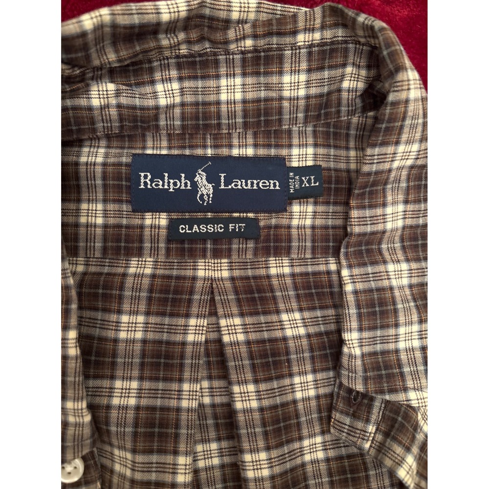 Ralph Lauren Classic Fit Plaid Button Down Shirt Mens XL Brown Blue Long Sleeve